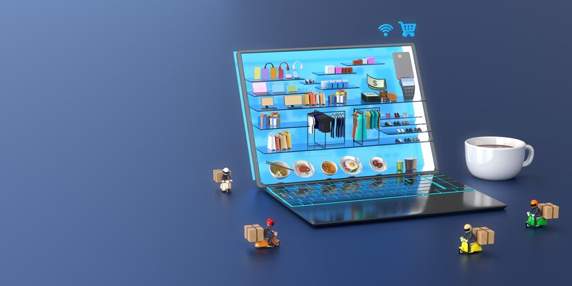 shopping-mall-online-laptop-with-delivery-man-cup-coffee_262243-19